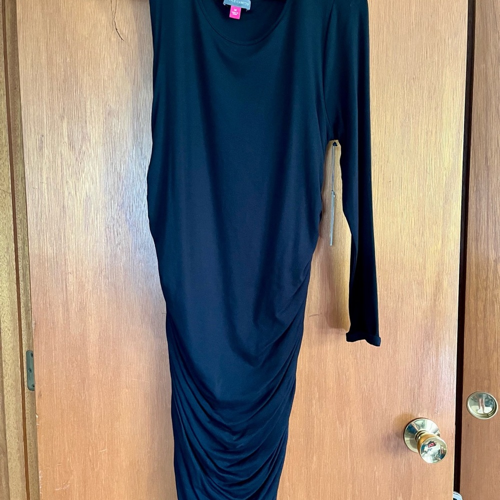 Vince Camuto Black Asymmetrical Ruched Long Sleeve Dress